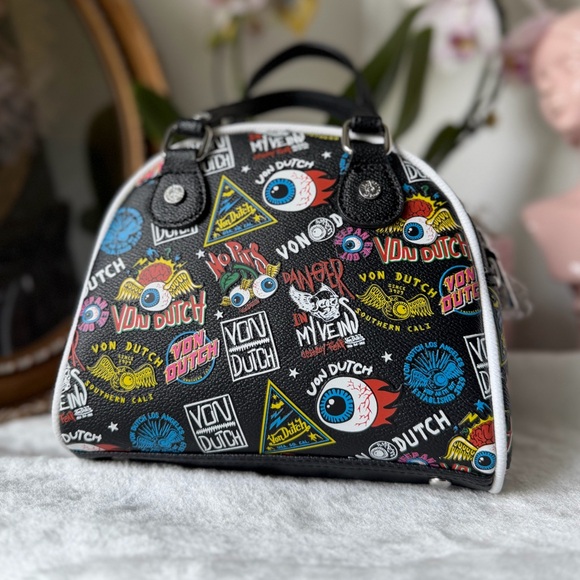 Von Dutch Jax Bowler Bag Black Graffiti Logo Print Y2K Satchel Tote NWT - Picture 2 of 11